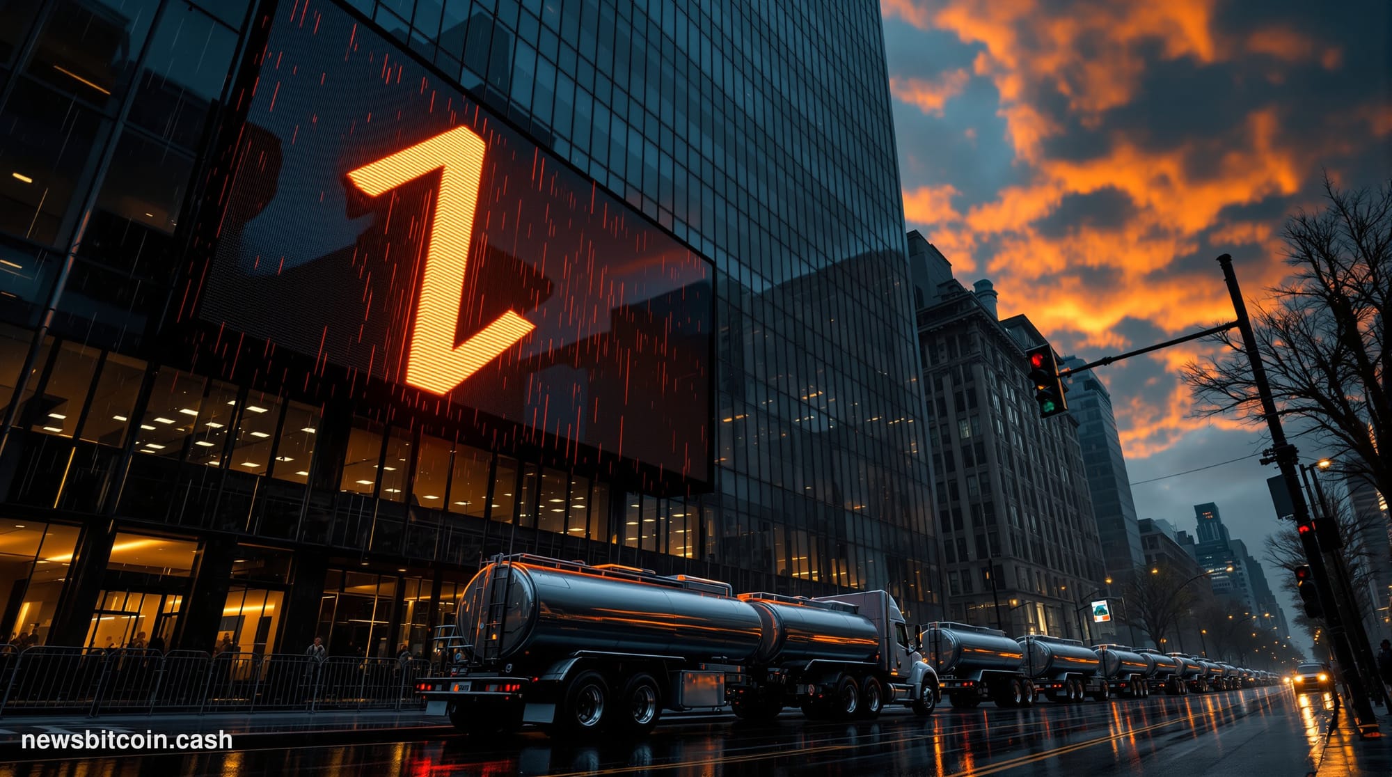 A cinematic photorealistic editorial photograph shot at a dramatic low angle from a rain-slicked street in lower Manhattan's 