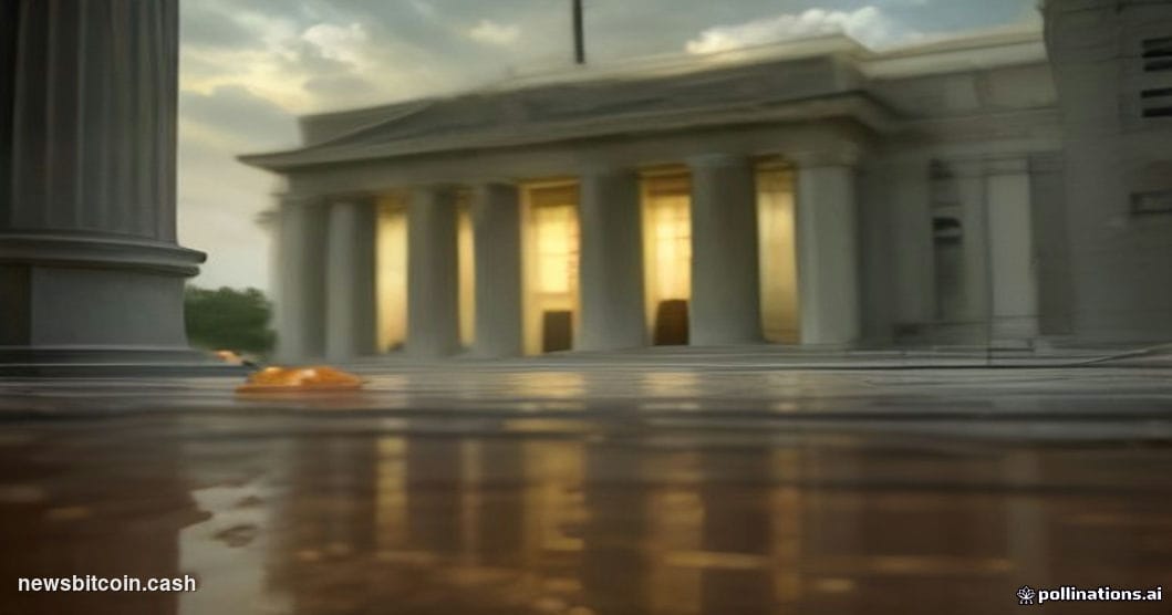 Cinematic photorealistic editorial photograph shot from street level looking up at the Federal Reserve building in Washington