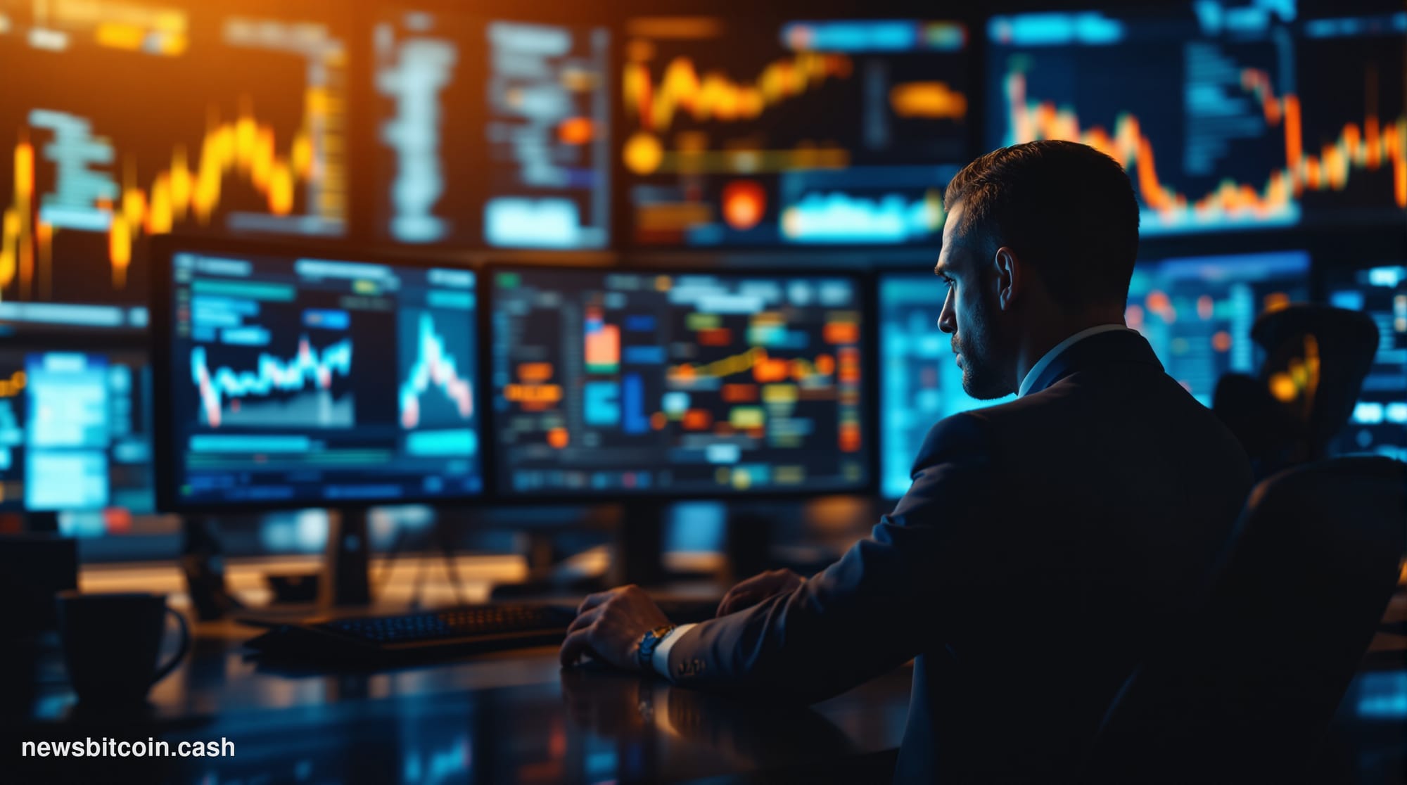 Cinematic photorealistic editorial photograph of a dramatic trading floor environment bathed in amber and cool blue lighting,
