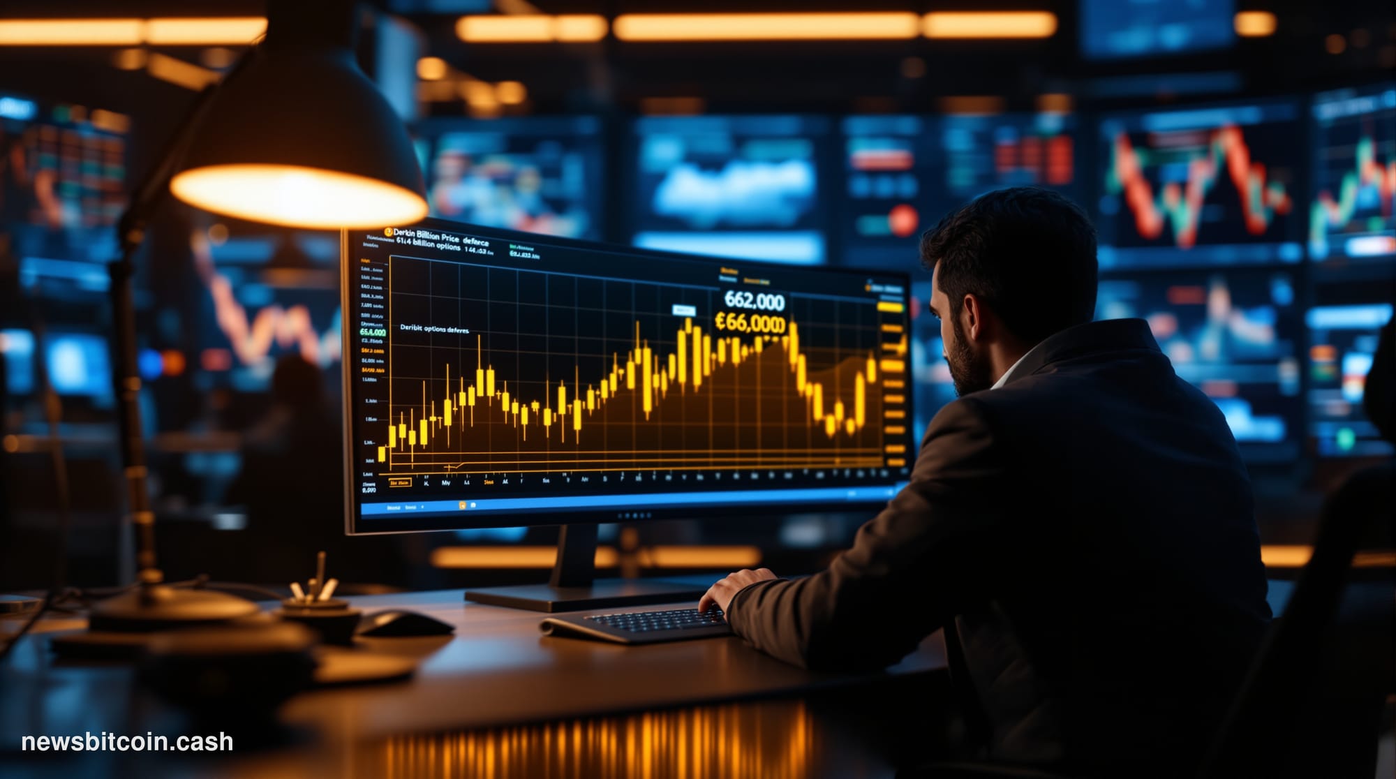 Cinematic photorealistic editorial photograph of a large digital trading floor display board showing Bitcoin price charts hov