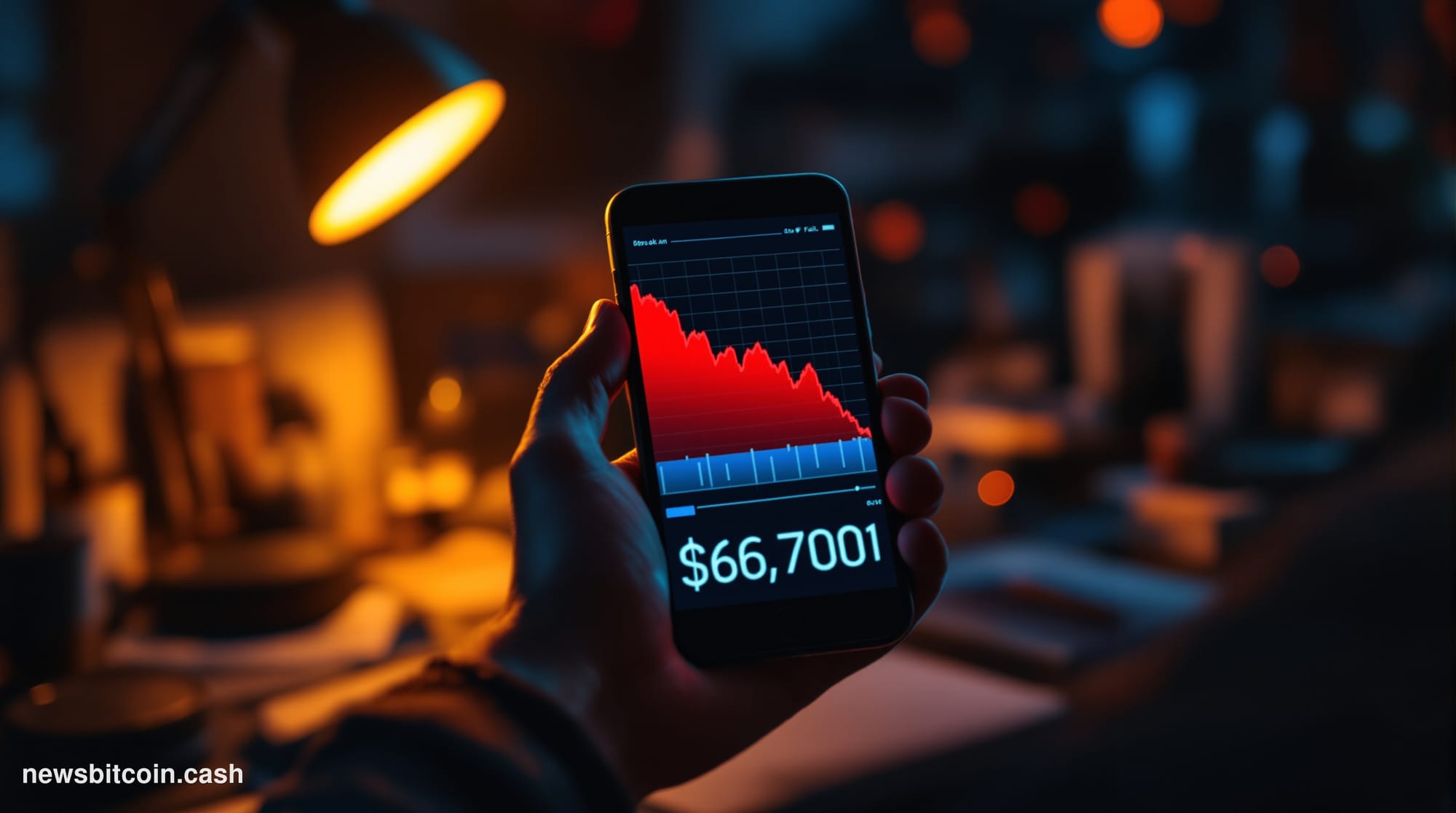 A cinematic photorealistic editorial photograph of Bitcoin trading screens displaying red candlestick charts showing the pric