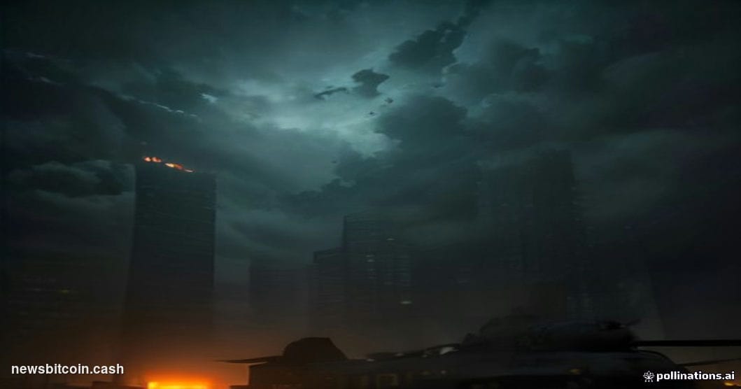 A cinematic photorealistic editorial photograph shot at ground level looking up at a large financial district trading screen 