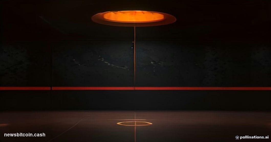 A cinematic photorealistic editorial photograph of a large illuminated Bitcoin symbol mounted on a dark trading floor wall, s
