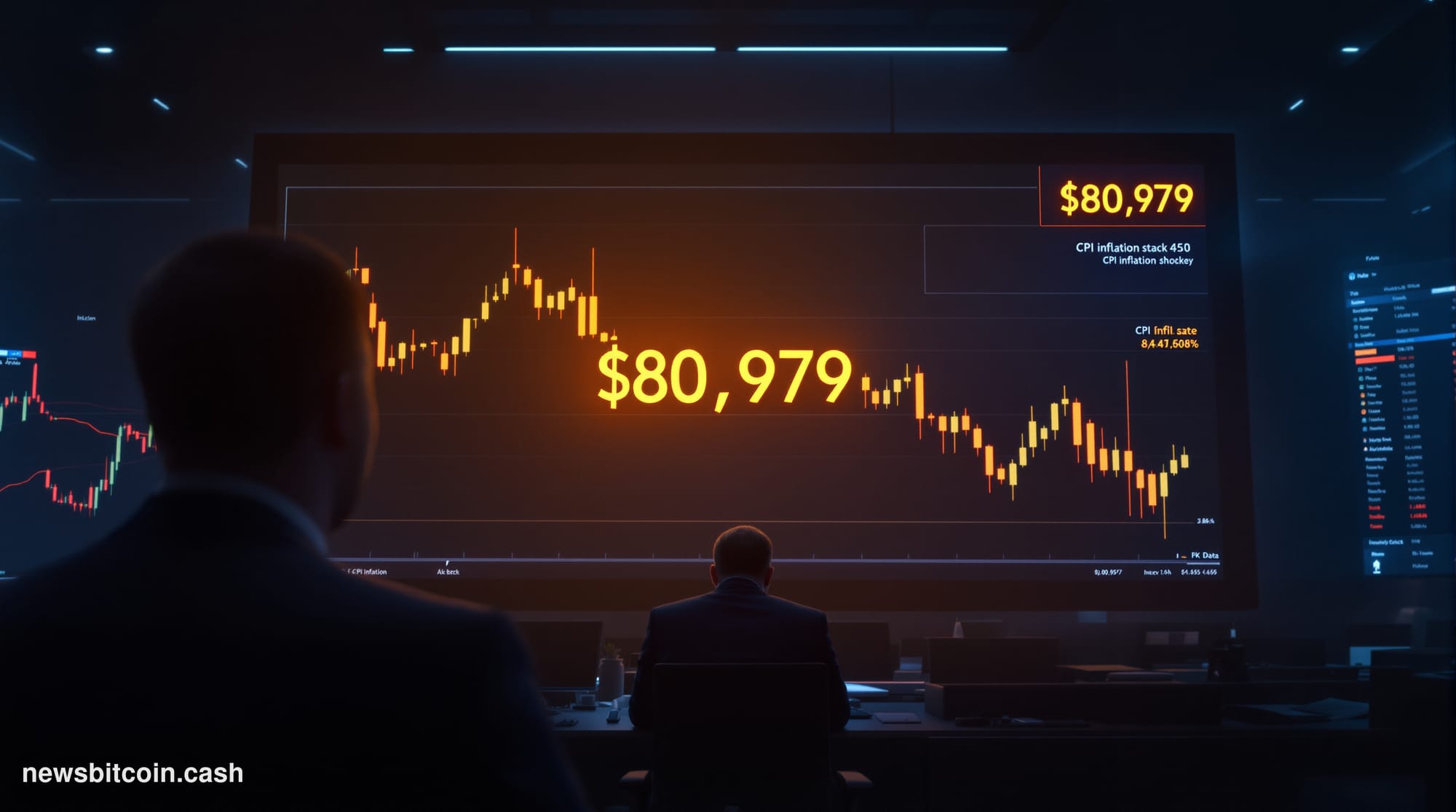 Cinematic photorealistic editorial photograph of a massive digital trading screen inside a dimly lit financial trading floor,