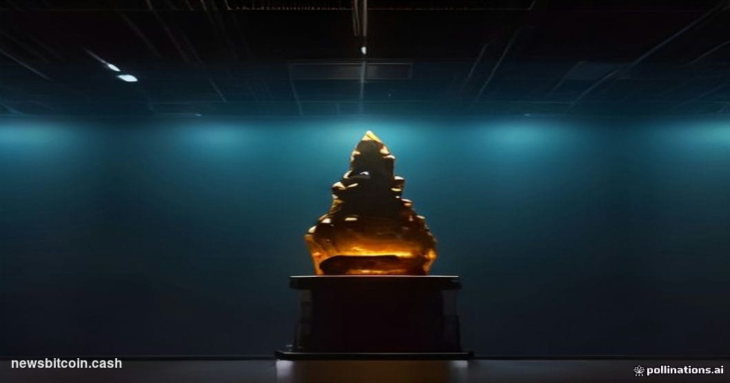 Cinematic photorealistic editorial photograph of a dramatic physical wall of stacked glowing amber-tinted bitcoin coins risin