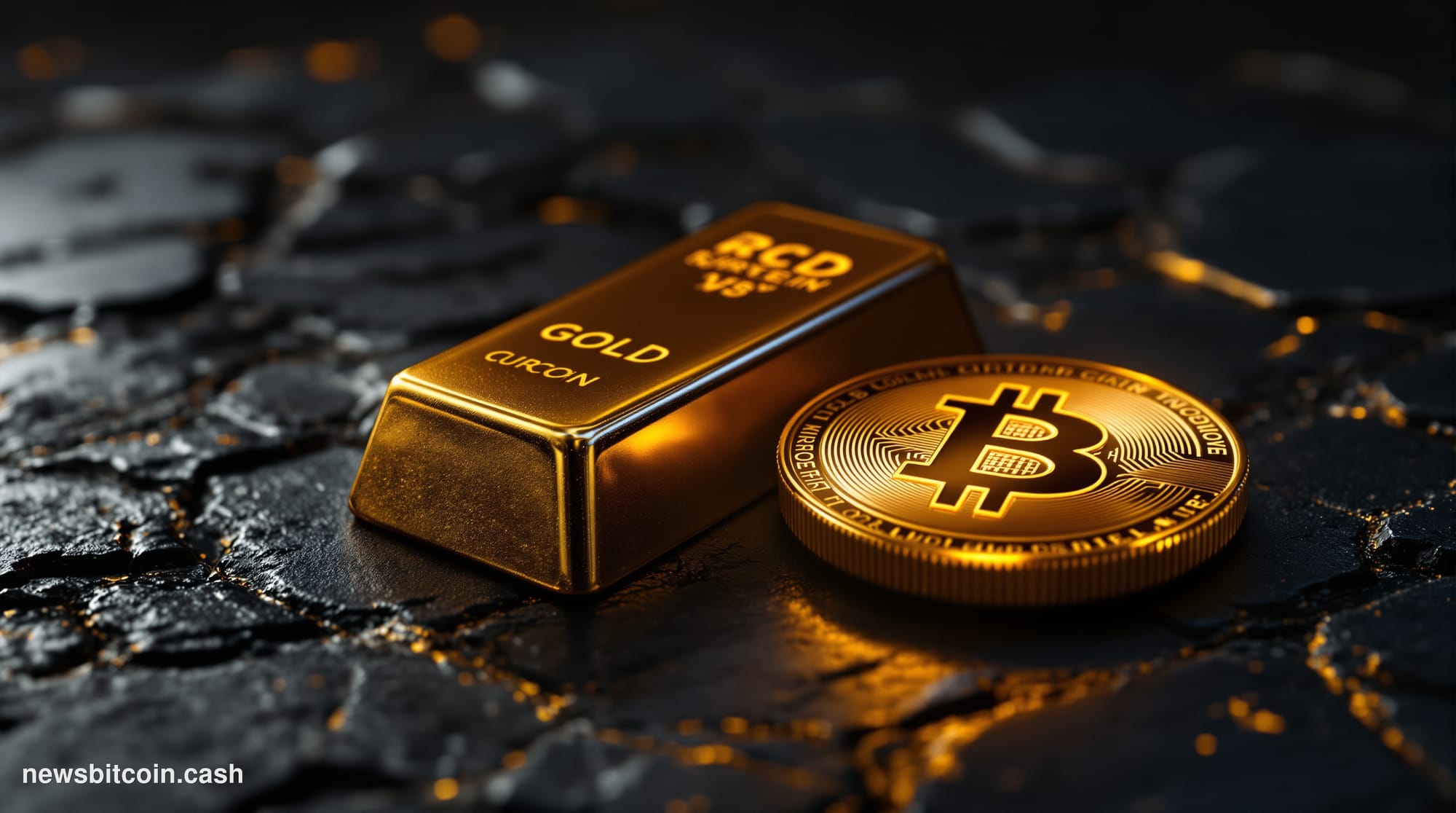 Cinematic photorealistic editorial photograph of a physical gold bar and a glowing Bitcoin coin placed side by side on a dark