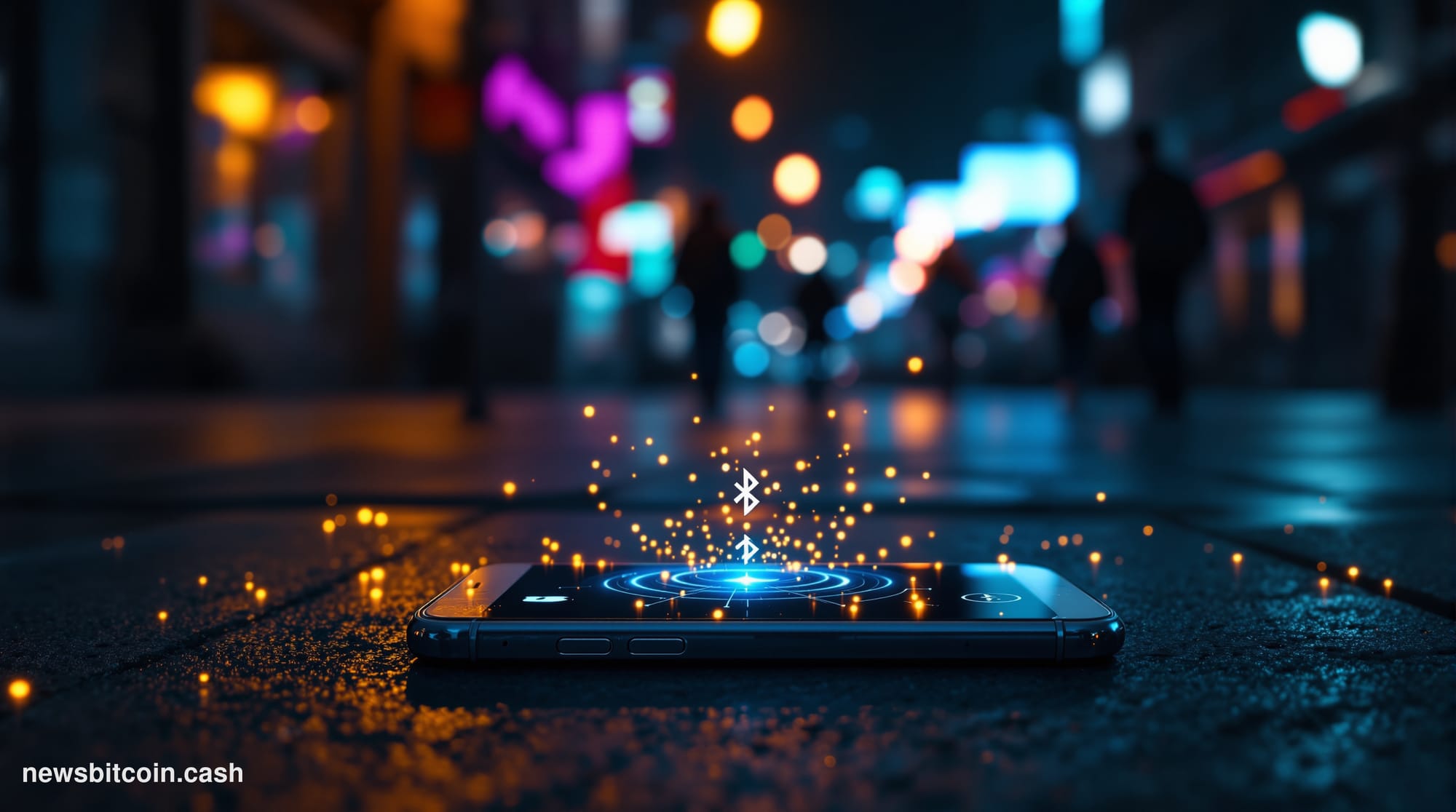 Cinematic photorealistic editorial photograph shot at eye level in a dim urban environment at night, warm amber streetlight r
