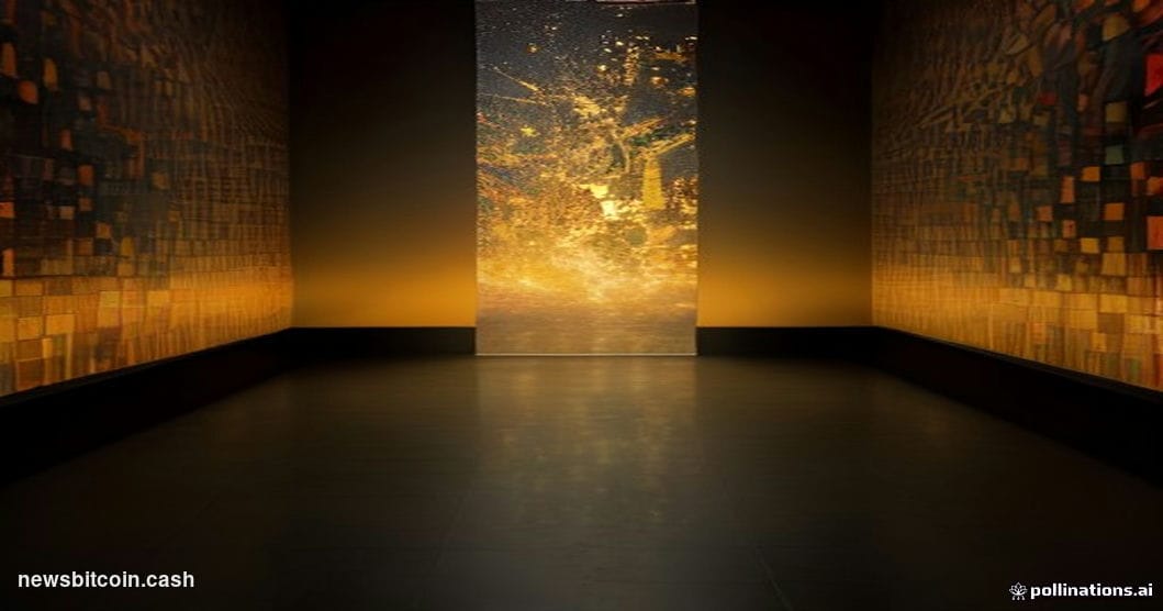 Cinematic photorealistic editorial photograph shot from a low angle looking up at a massive illuminated mosaic installation i