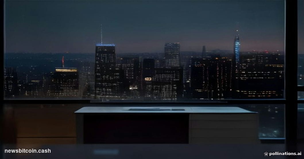 A cinematic photorealistic editorial photograph shot in a dimly lit, upscale private banking office, with a sleek glass desk 