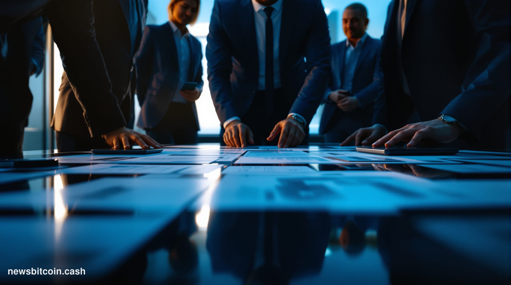 A cinematic photorealistic editorial photograph set inside a dramatic, high-ceilinged financial trading floor at dusk, warm a