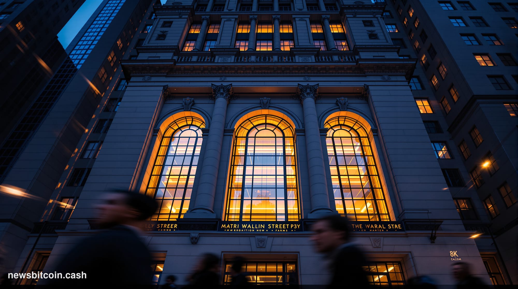 Cinematic photorealistic editorial photograph of the New York Stock Exchange's iconic neoclassical facade on Wall Street, sho