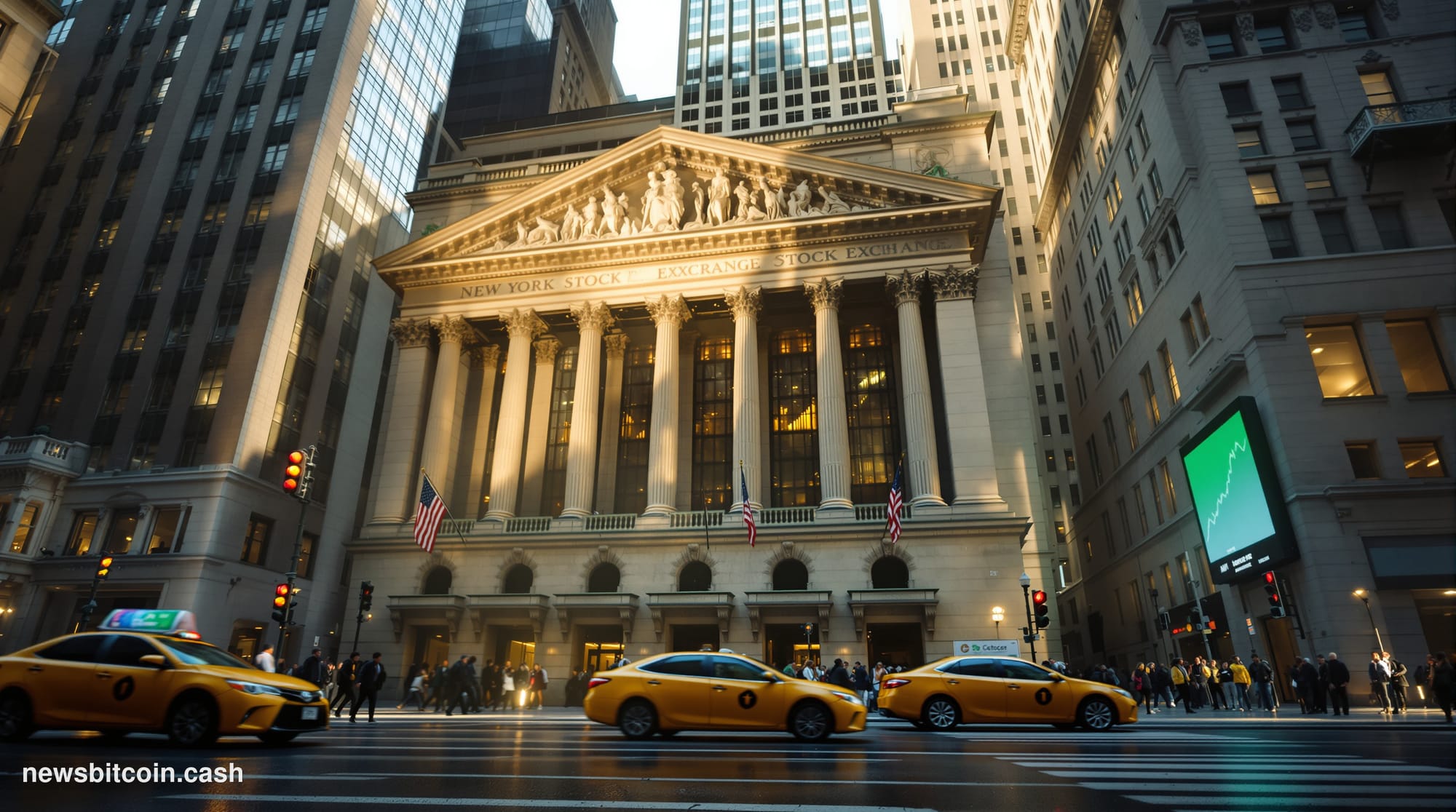 Cinematic photorealistic editorial photograph shot from a low angle looking up at the New York Stock Exchange's neoclassical 