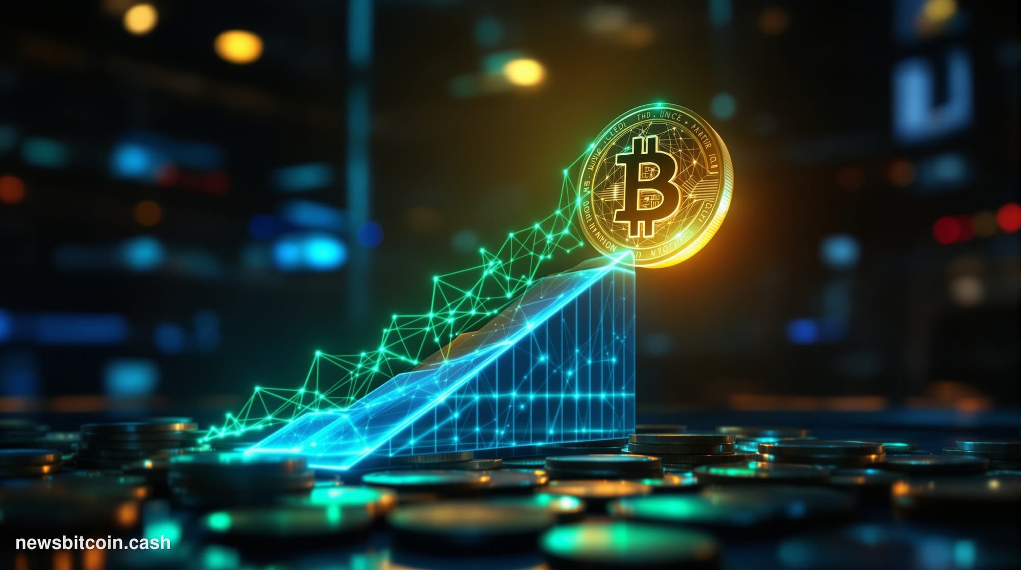 Cinematic photorealistic editorial photograph of a physical golden Bitcoin coin balanced on the edge of an upward-sloping gla