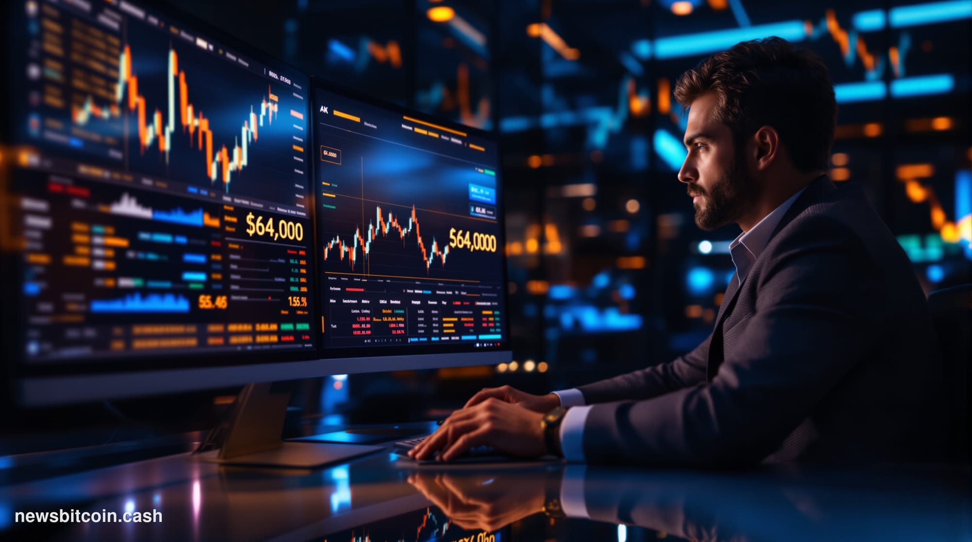 Cinematic photorealistic editorial photograph of a large financial trading floor terminal in the foreground displaying a shar