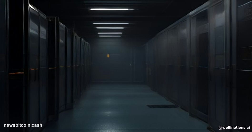 A cinematic photorealistic editorial photograph of a close-up server rack in a dimly lit data center corridor, with a glowing