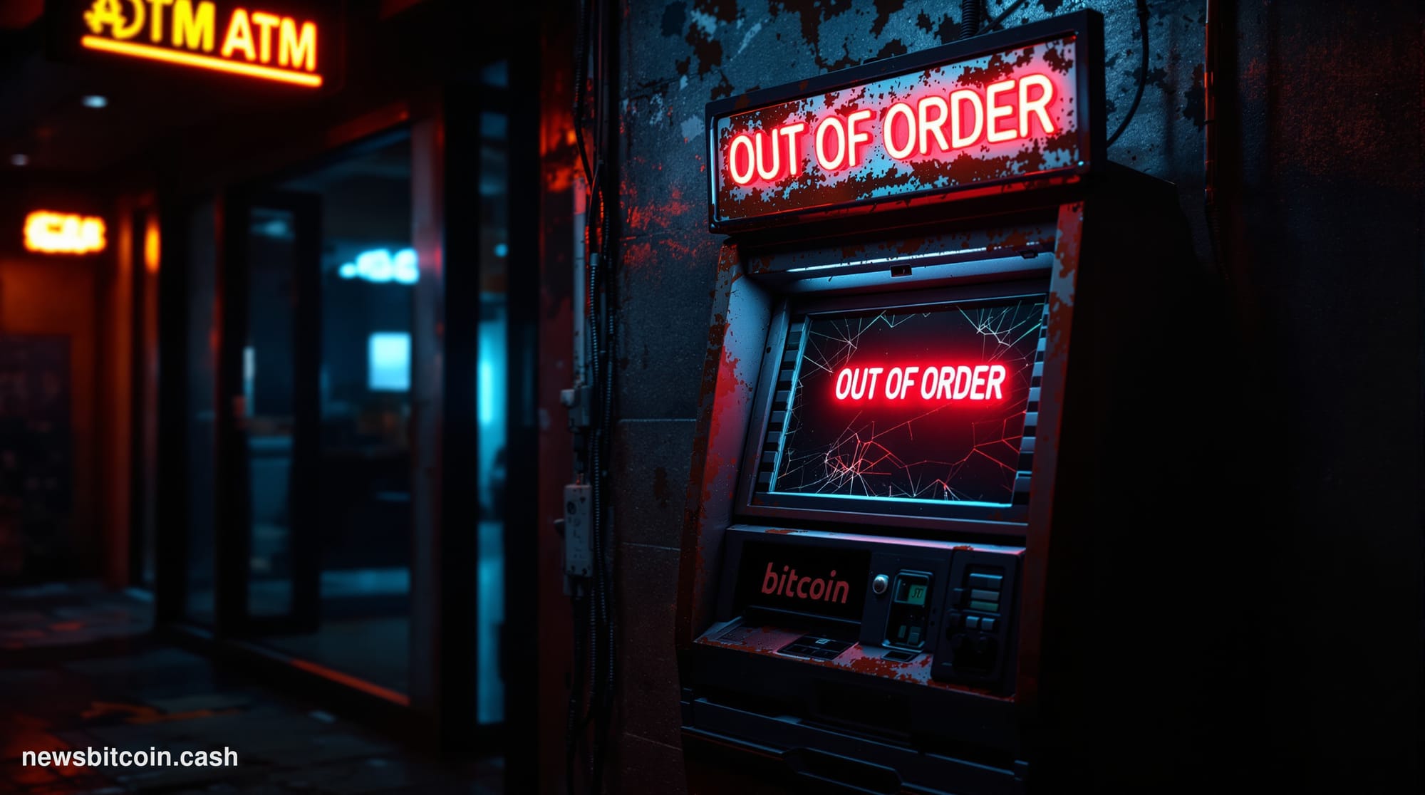 A cinematic photorealistic editorial photograph showing a Bitcoin ATM kiosk in an abandoned or closing retail location, shot 