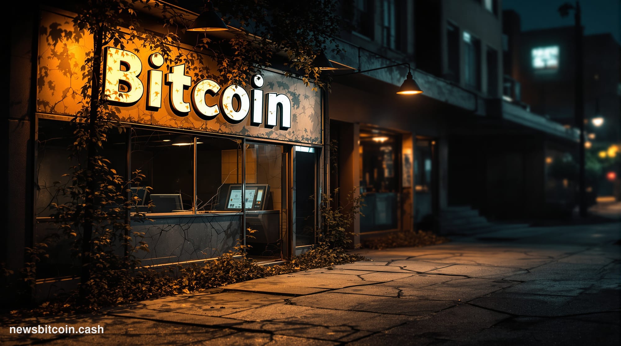 A cinematic photorealistic editorial photograph of a Bitcoin ATM kiosk in an empty convenience store or gas station, dramatic