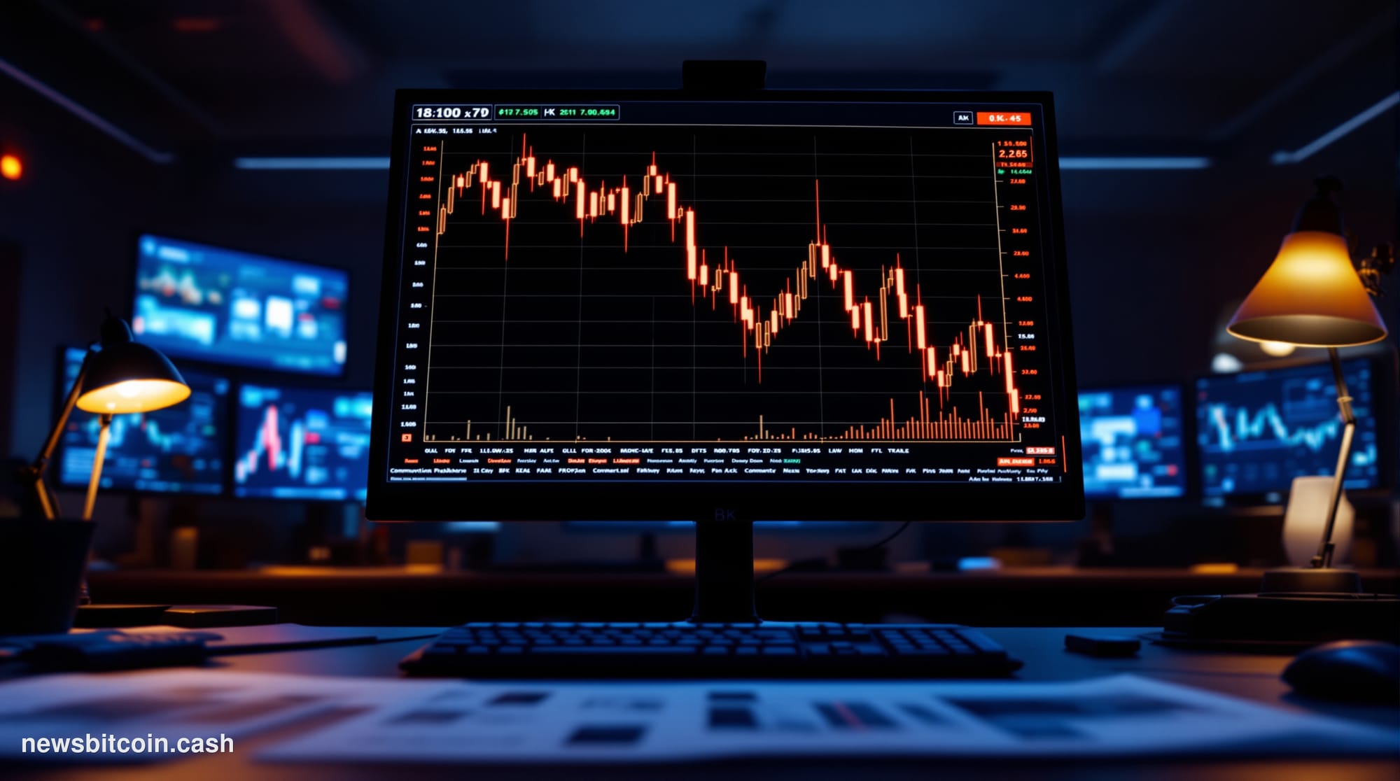 Cinematic photorealistic editorial photograph of a large digital trading screen mounted in a dimly lit financial newsroom, di