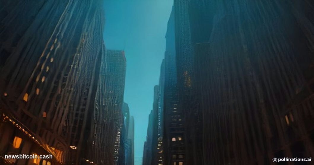 A cinematic photorealistic editorial photograph of Wall Street's financial district in New York City, shot from a low camera 