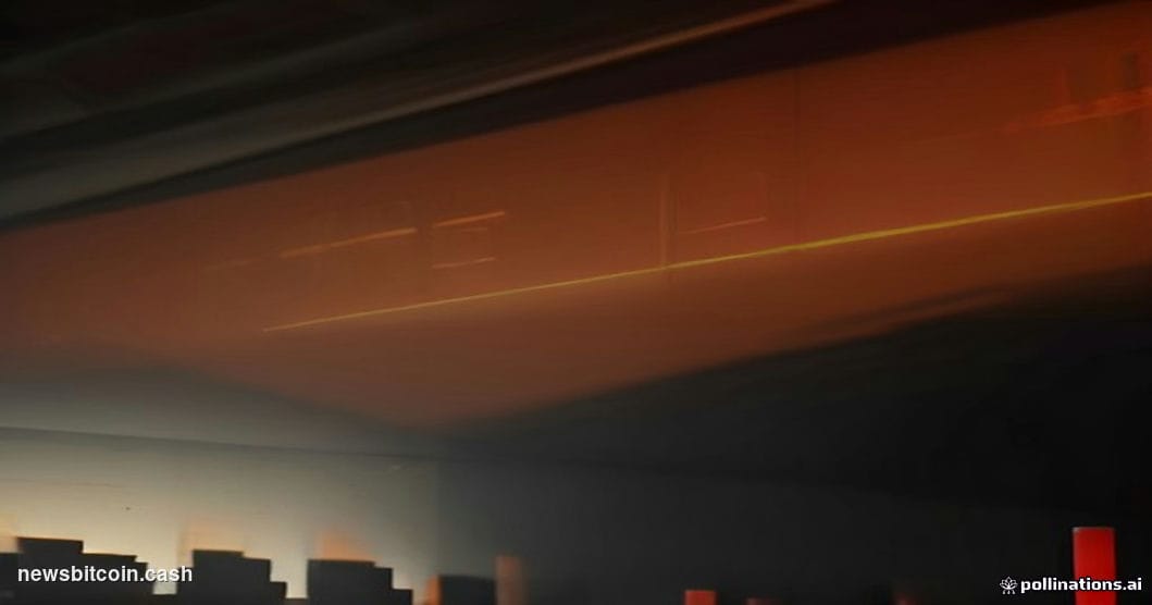 A dramatic cinematic editorial photograph set inside a darkened financial trading floor, shot from a low angle looking up at 