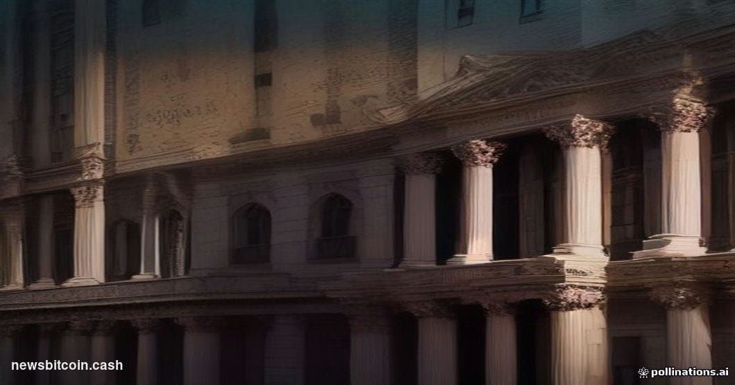 Cinematic photorealistic editorial photograph of the New York Stock Exchange building facade on Wall Street, shot at dawn wit