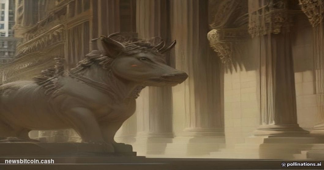 Cinematic photorealistic editorial photograph shot from a low angle looking up at the New York Stock Exchange's neoclassical 