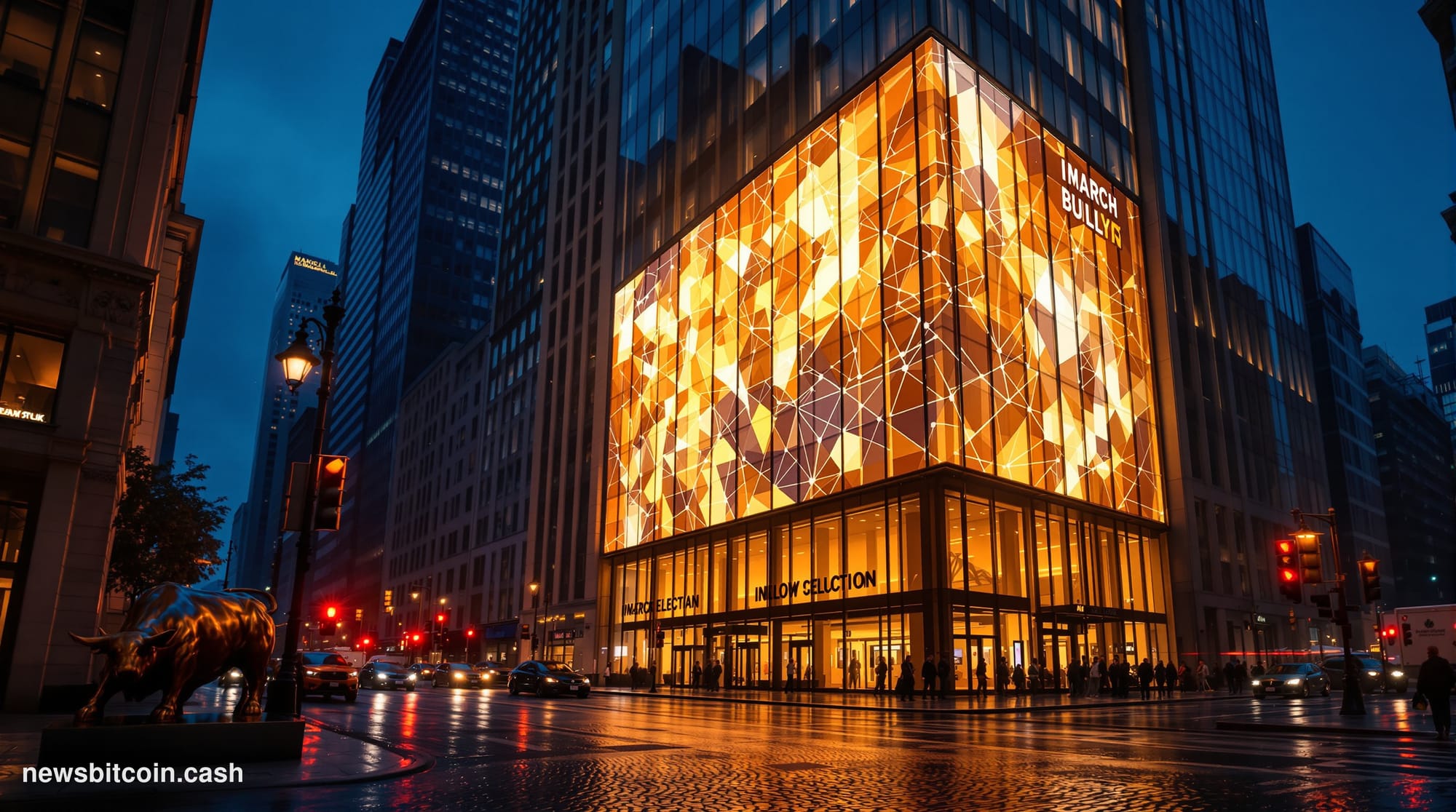 A cinematic photorealistic editorial photograph shot at ground level looking up at the illuminated glass facade of a major fi