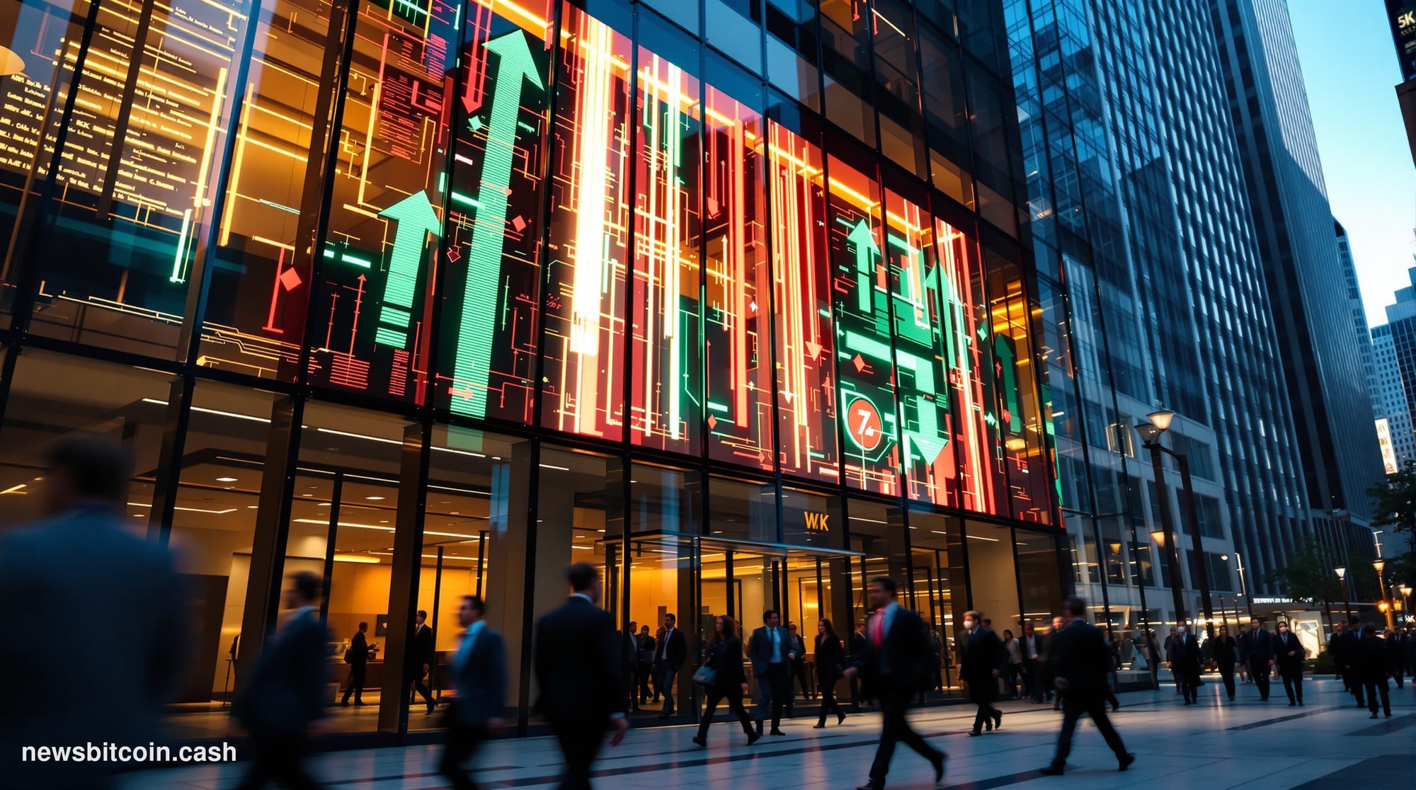 A cinematic photorealistic editorial photograph shot from a low angle looking up at the façade of a major financial district 