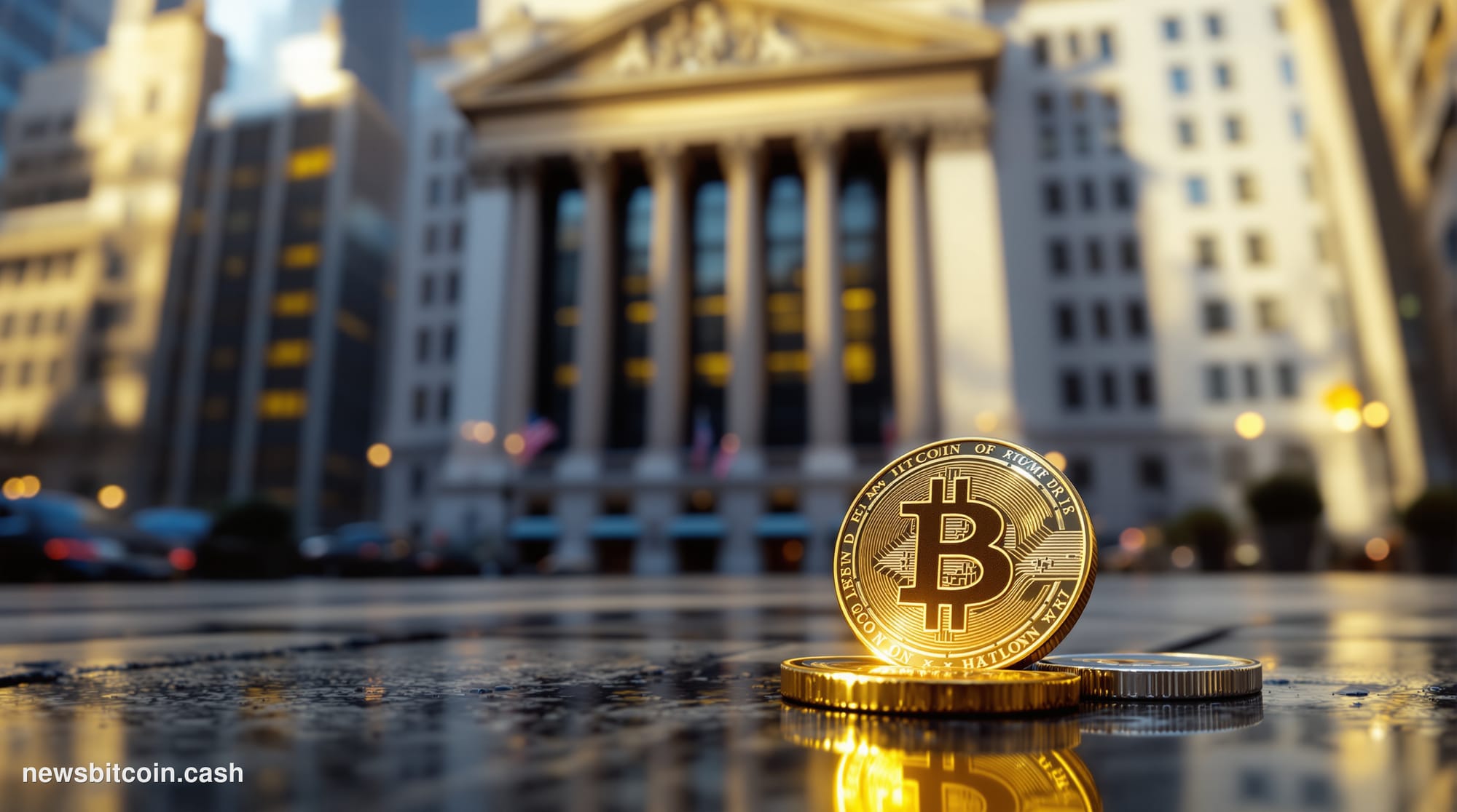 Cinematic photorealistic editorial photograph shot at low angle looking up at the New York Stock Exchange facade on Wall Stre