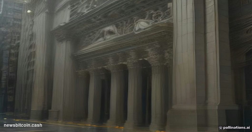 Cinematic photorealistic editorial photograph shot from a low angle looking up at the New York Stock Exchange's iconic neocla