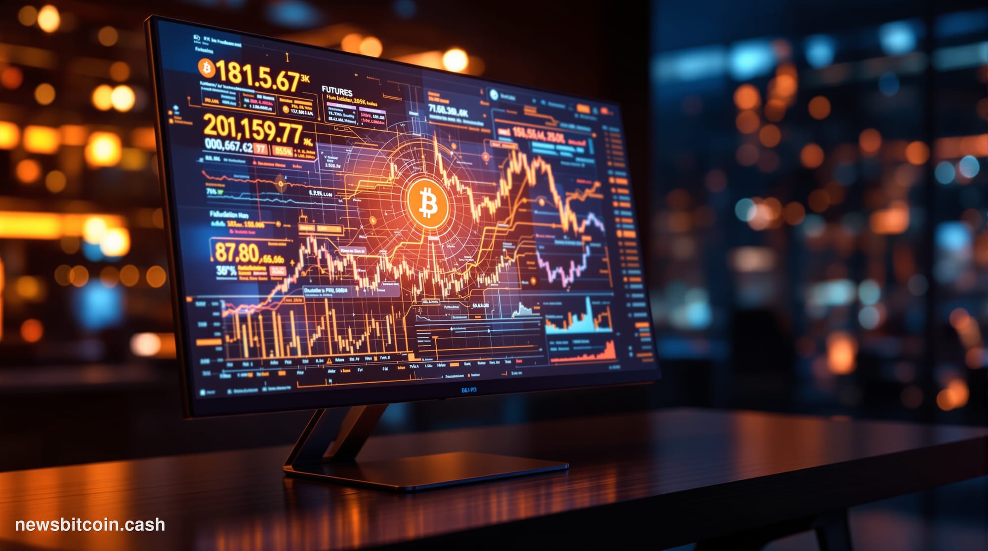 A cinematic photorealistic editorial photograph of a Bloomberg-style trading terminal in a darkened institutional trading flo