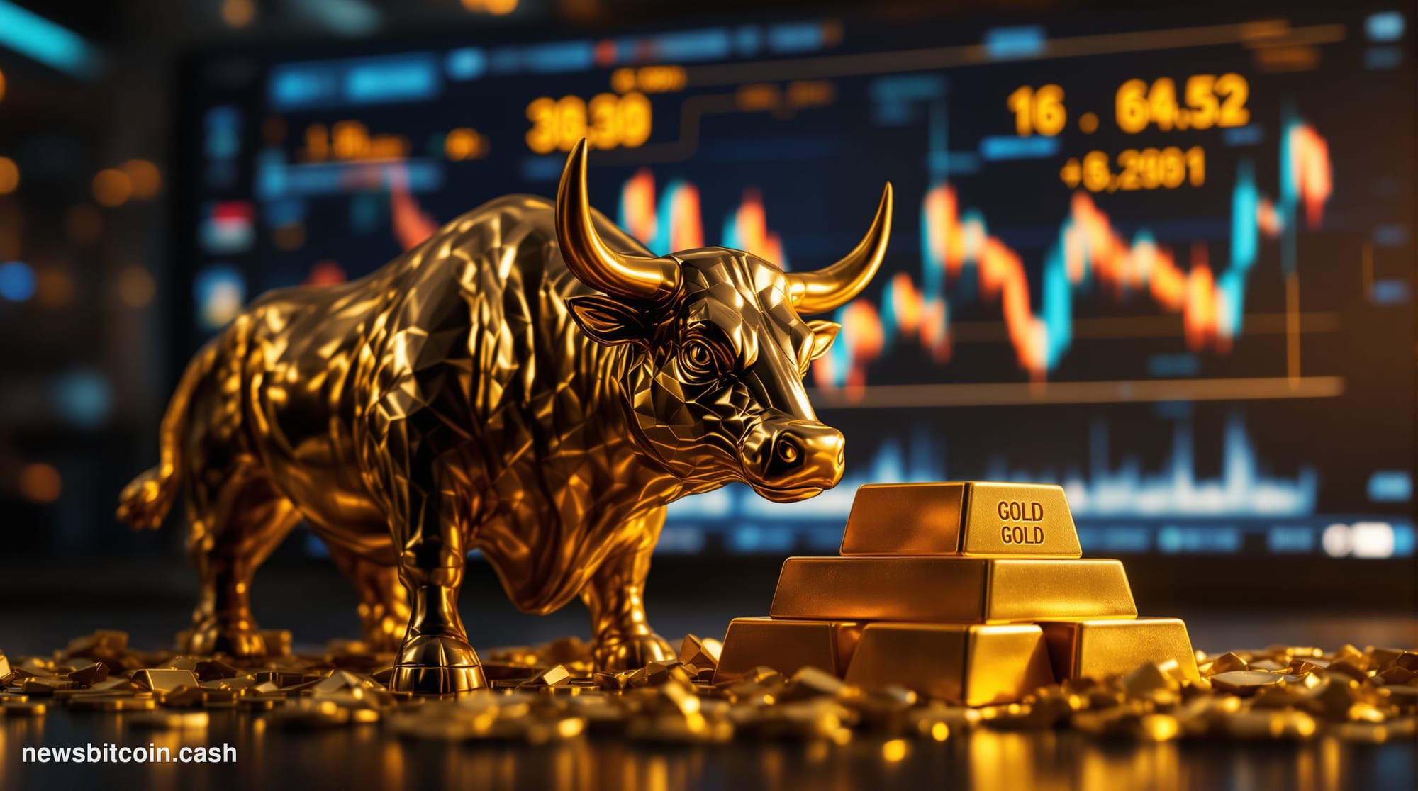 A cinematic photorealistic editorial photograph of a dramatic split-composition: on the left, a gleaming gold bar resting on 