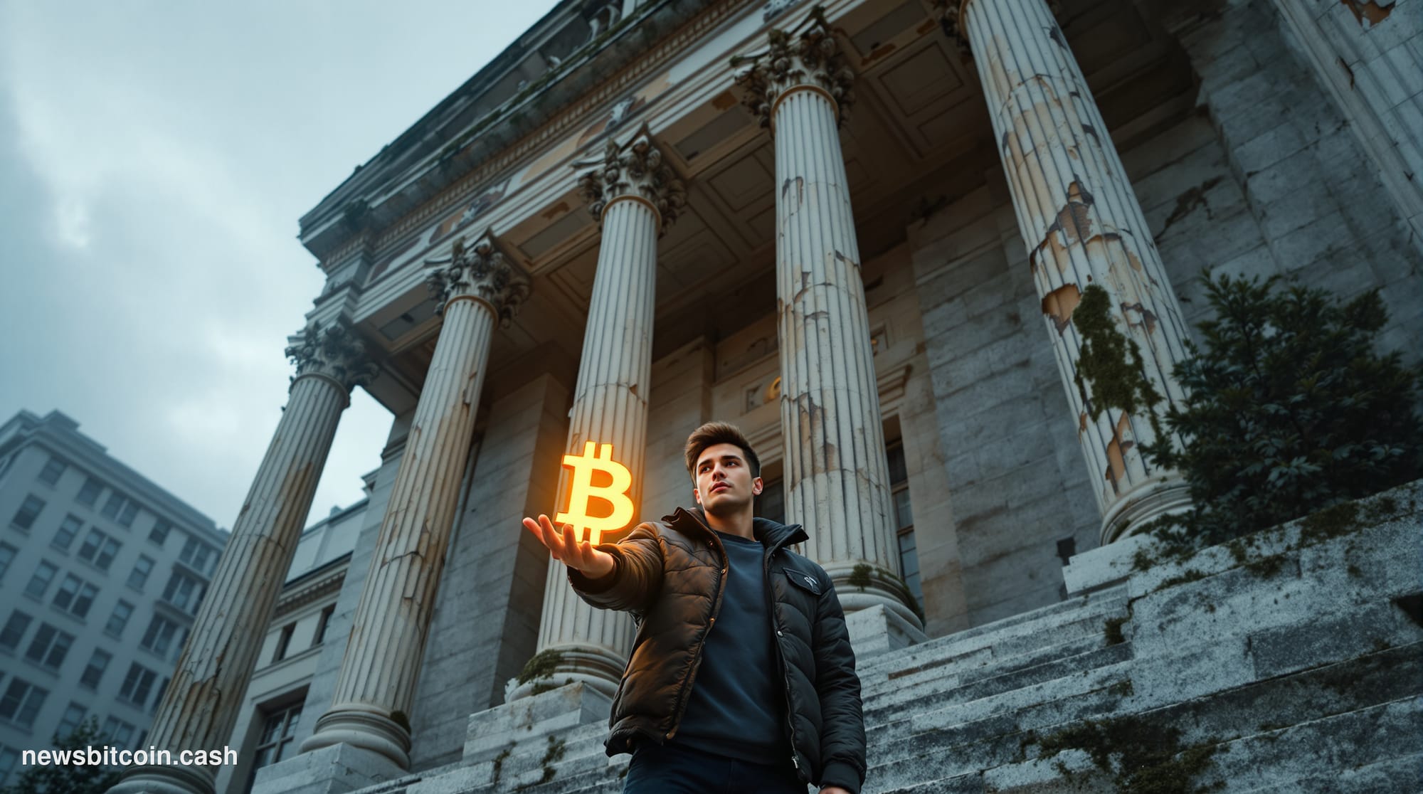 A cinematic photorealistic editorial photograph depicting a young person in their mid-twenties standing at the edge of a crum