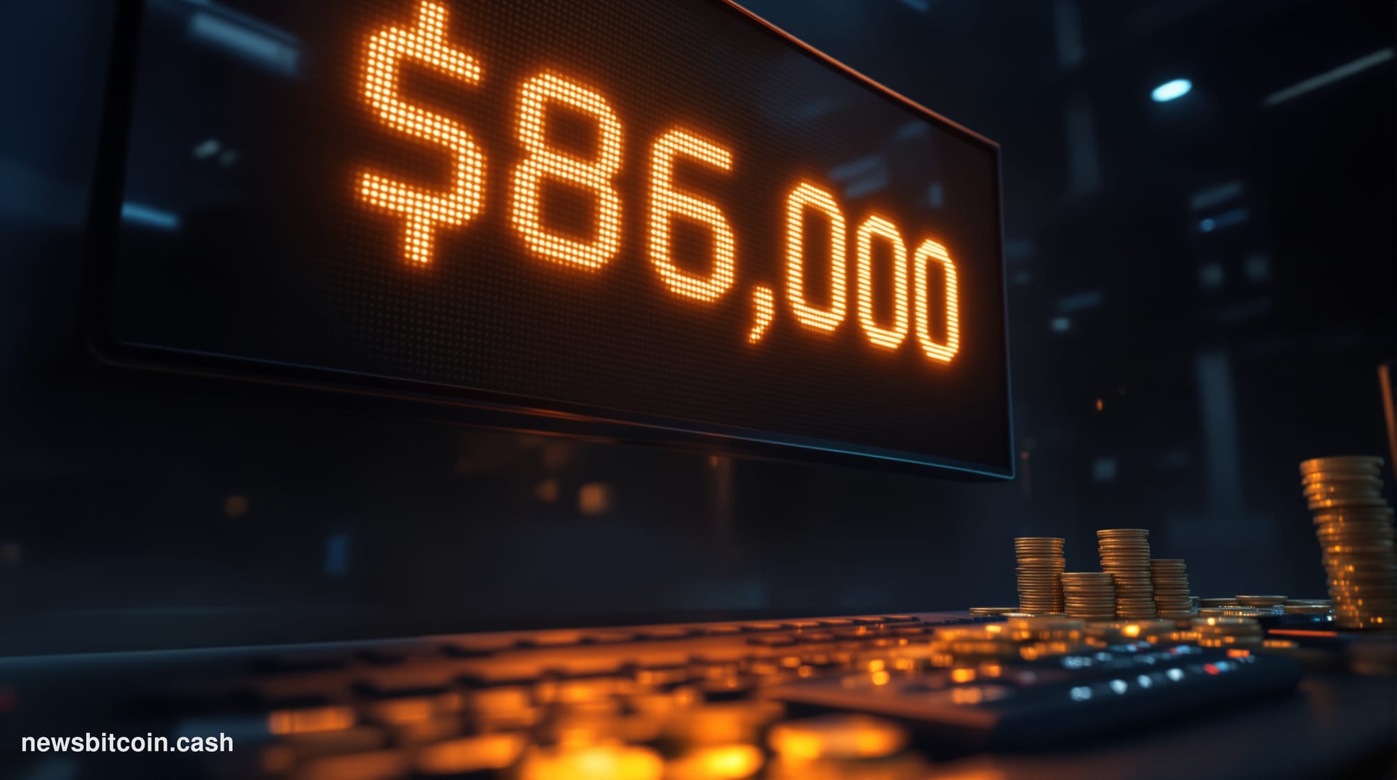 Cinematic photorealistic editorial photograph of a Bitcoin price ticker display mounted on a dark trading floor, glowing ambe