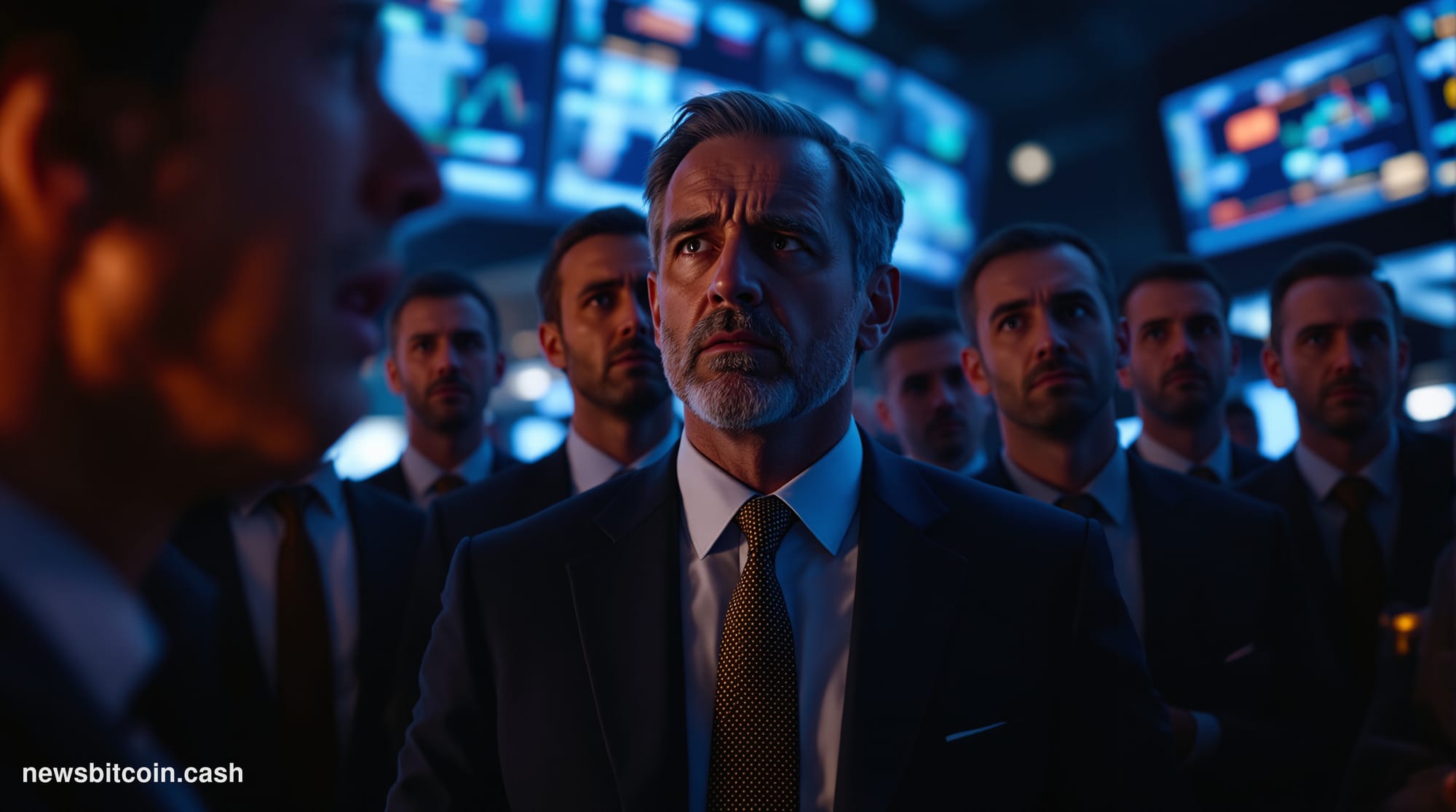 A dramatic cinematic photorealistic editorial photograph showing a massive electronic trading floor or financial district at 