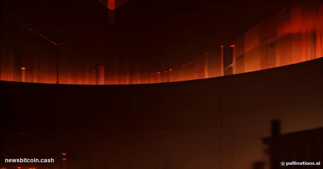 A cinematic photorealistic editorial photograph shot at a low angle looking up at two monumental trading screens side by side