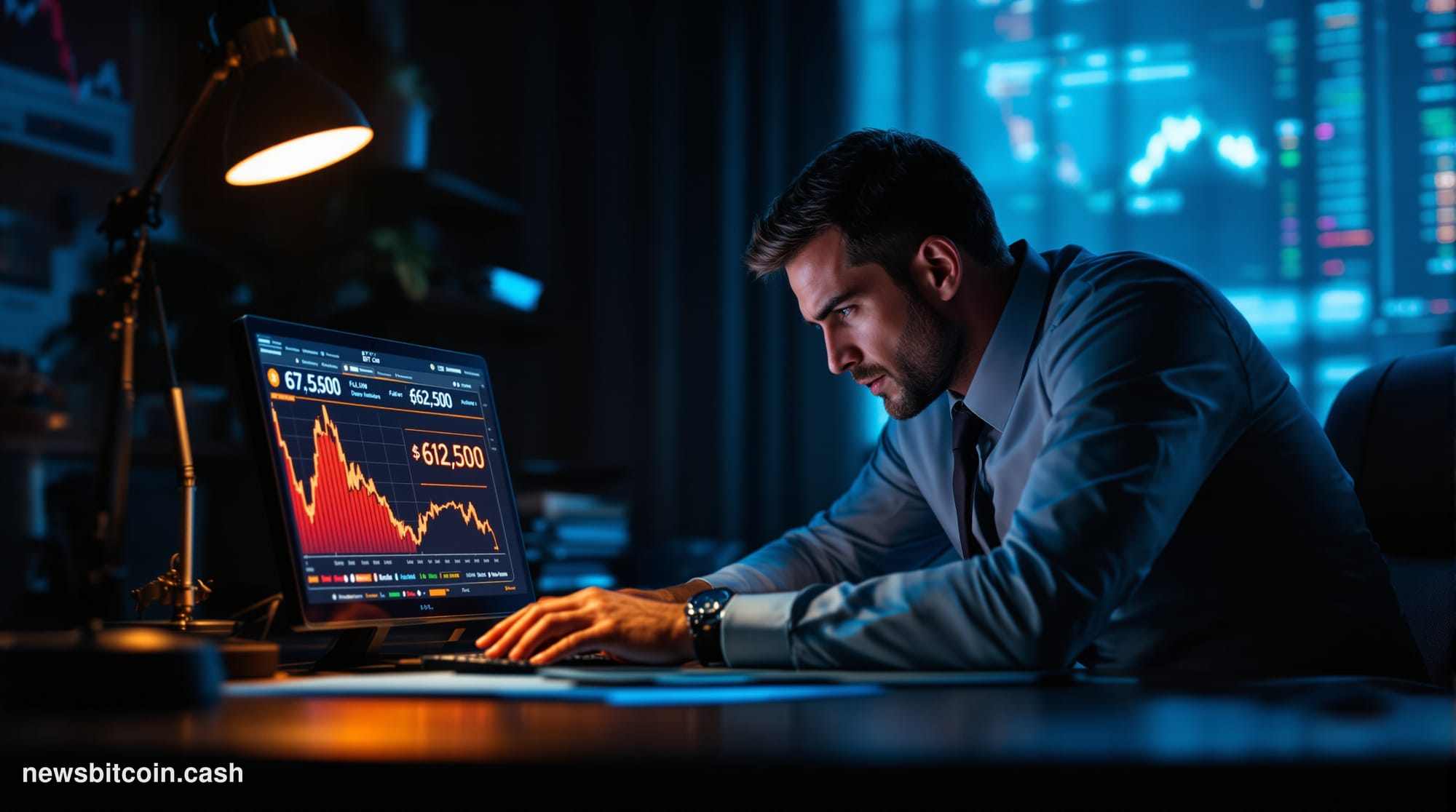 Cinematic photorealistic editorial photograph, dramatic low-angle shot of a large Bitcoin logo ticker board displaying "$62,4