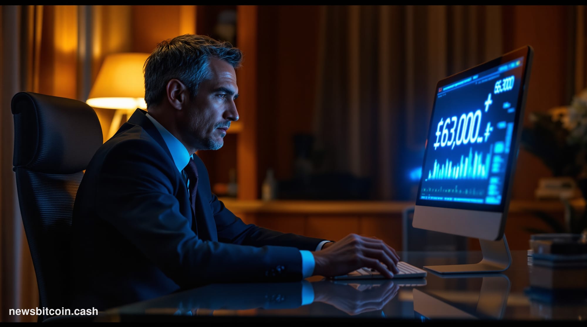 Cinematic photorealistic editorial photograph of a large financial trading floor at night, with multiple screens displaying a