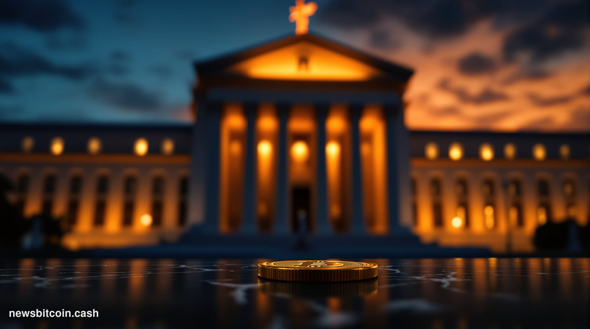 Cinematic photorealistic editorial photograph of the Federal Reserve Building in Washington D.C. shot from a low angle at dus