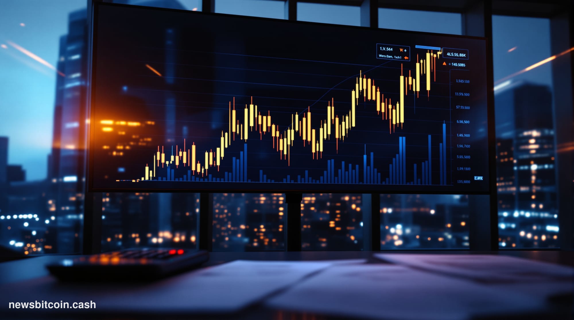 A cinematic photorealistic editorial photograph of a large digital trading screen mounted in a dimly lit financial operations