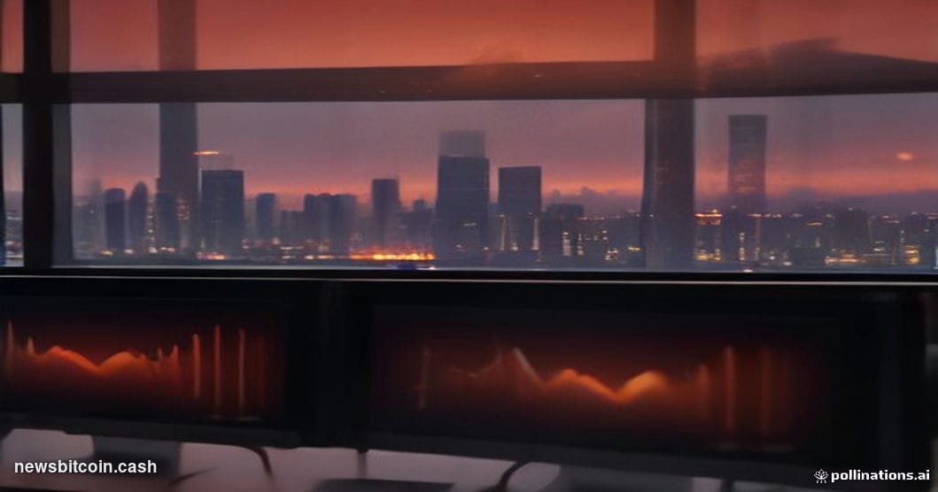 Cinematic photorealistic editorial photograph of a financial trading floor in Asia — Tokyo or Hong Kong setting visible throu