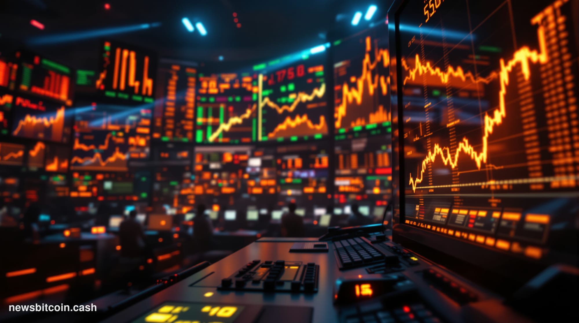 Cinematic photorealistic editorial photograph of a dramatic trading floor environment with glowing amber and green screens di