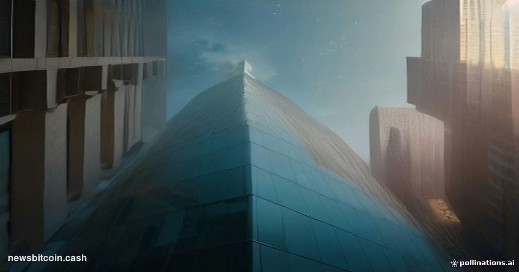 A cinematic photorealistic editorial photograph shot from a low angle looking up at a modern corporate headquarters building 