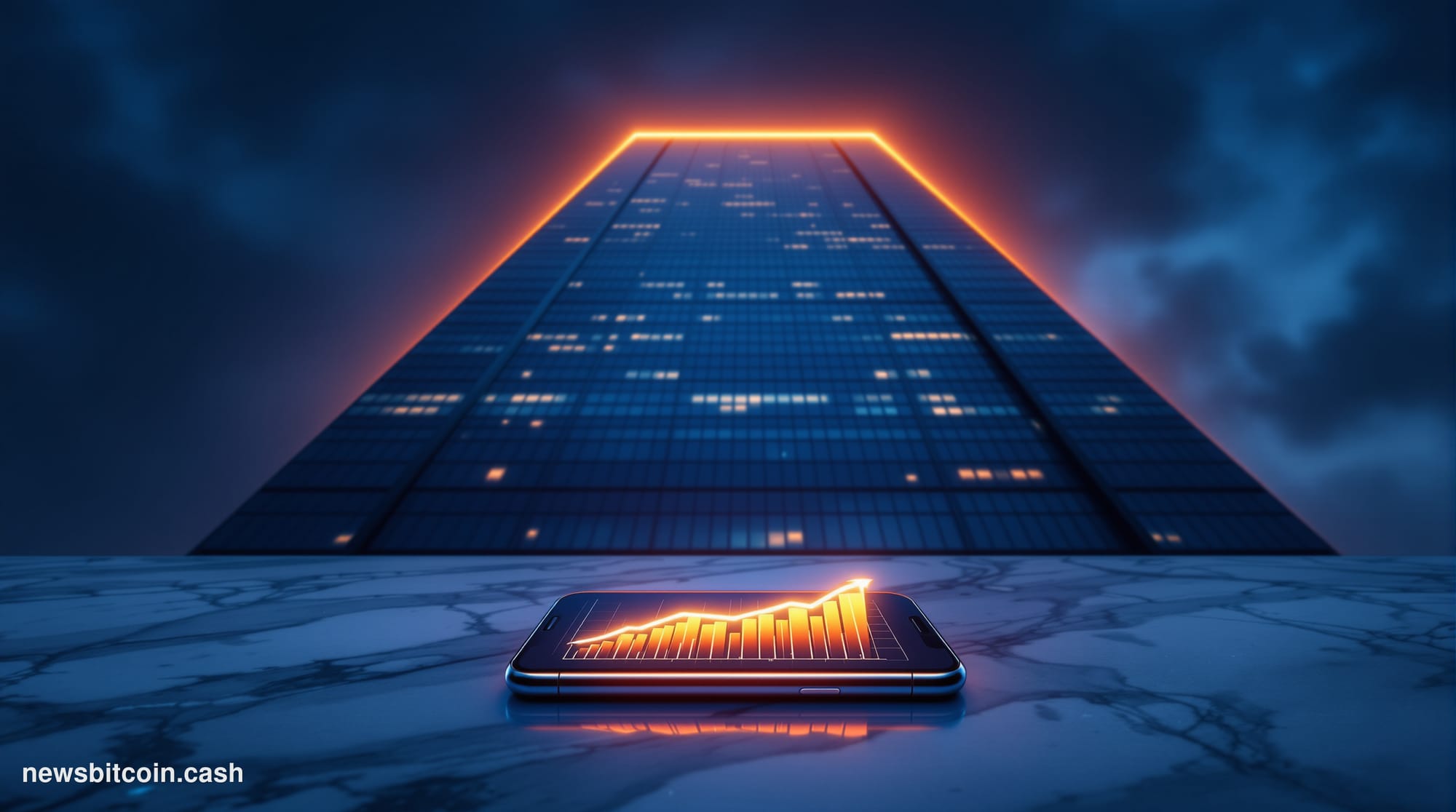 A cinematic photorealistic editorial photograph shot at a dramatic low angle looking upward at a towering glass-and-steel sky