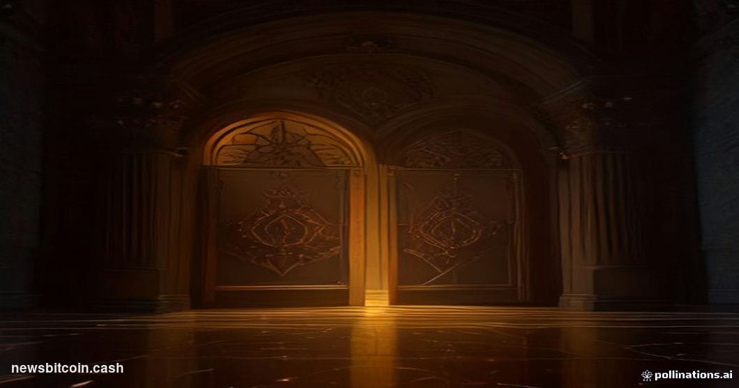 A cinematic photorealistic editorial photograph shot at low angle looking up at a massive fortified vault door, slightly ajar