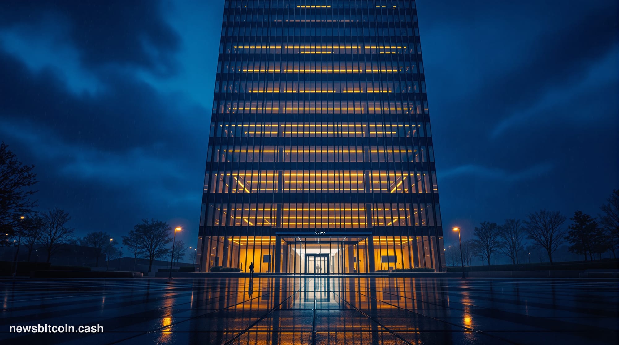 Cinematic photorealistic editorial photograph of Bitget's corporate office exterior at night, shot from a low angle looking u