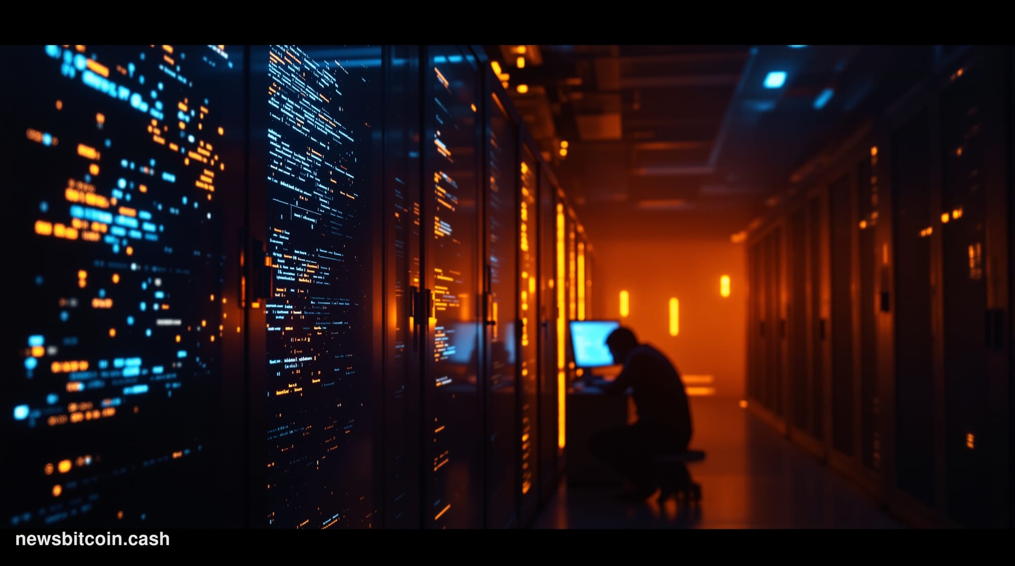 Cinematic photorealistic editorial photograph of a dark server room interior representing a compromised cryptocurrency exchan