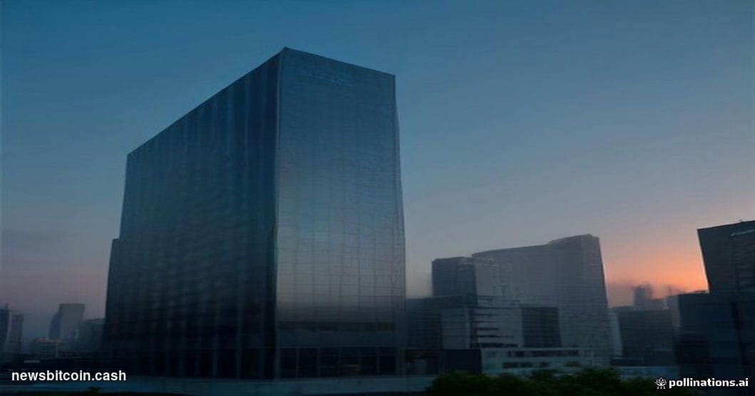 Cinematic photorealistic editorial photograph of the Bithumb headquarters building in Seoul, South Korea, shot at dusk from a