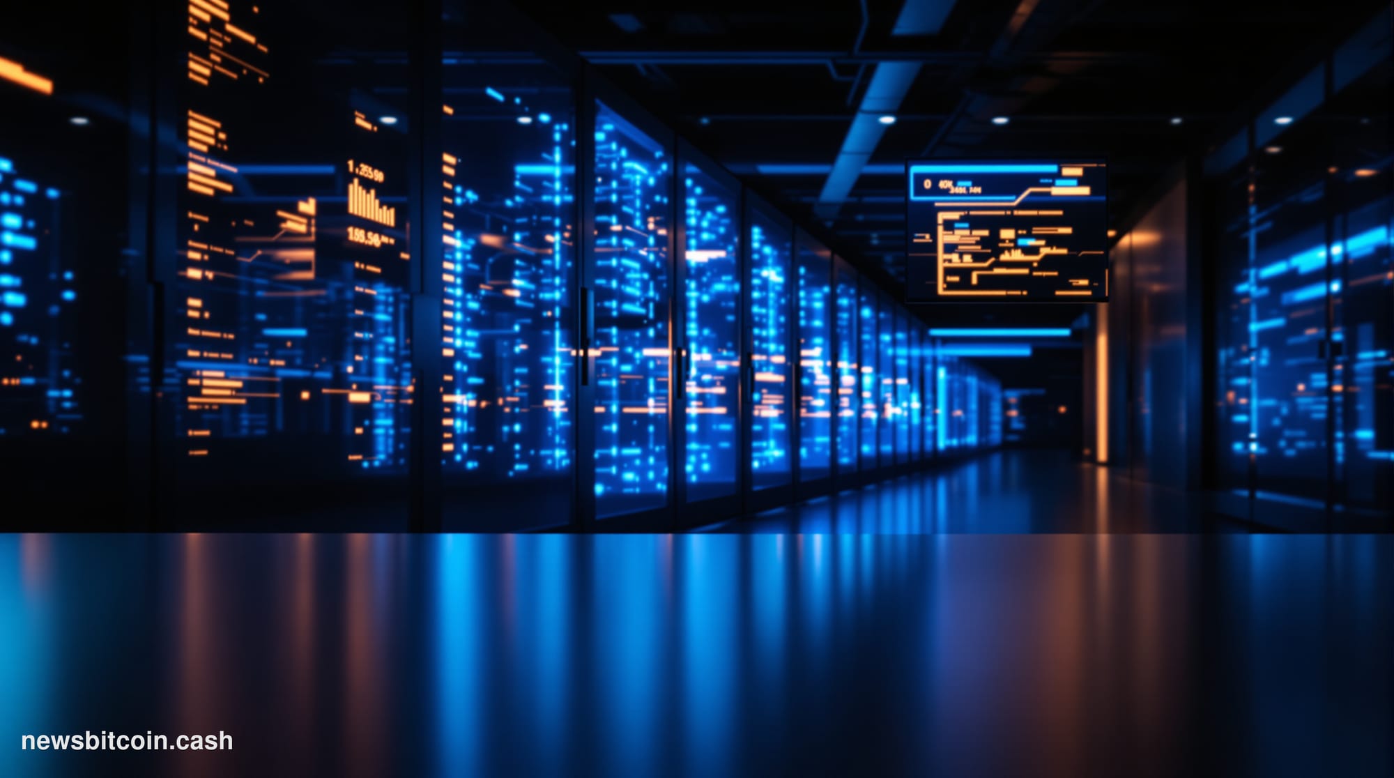 Cinematic photorealistic editorial photograph of a sleek corporate data center interior with immersion cooling tanks — rows o