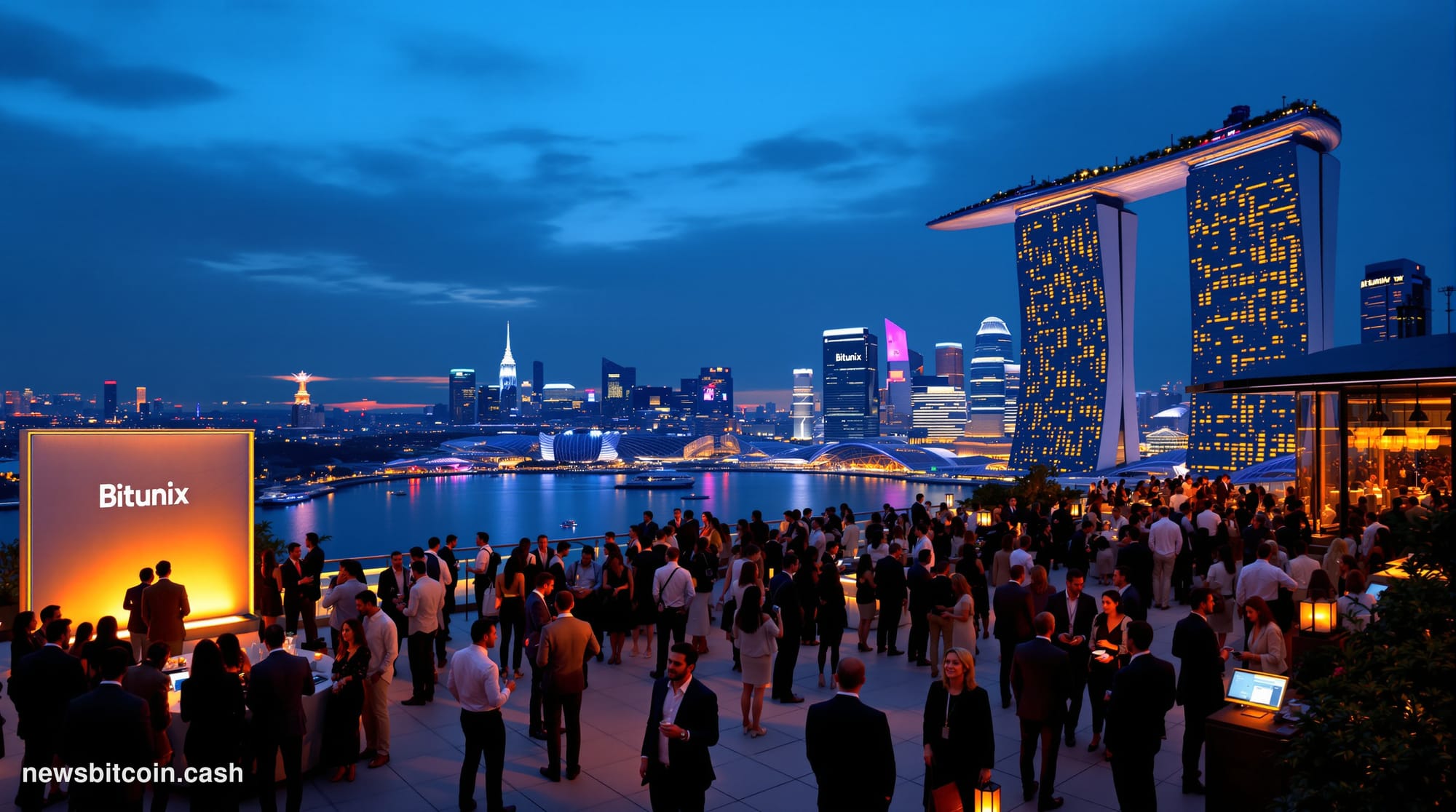Cinematic photorealistic editorial photograph of a luxury rooftop venue at twilight overlooking Singapore's Marina Bay, with 